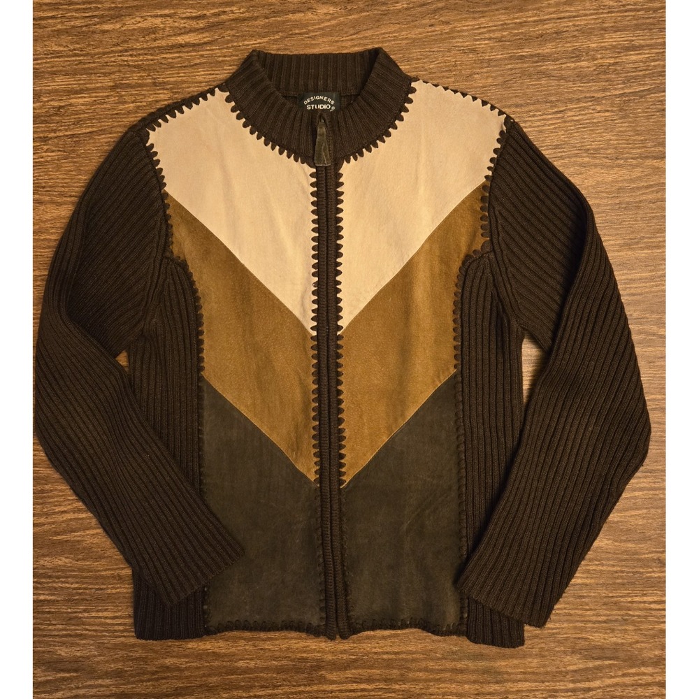 Vintage Designers Studio Jacket Women Medium Sweater Suede Leather Patchwork Zip